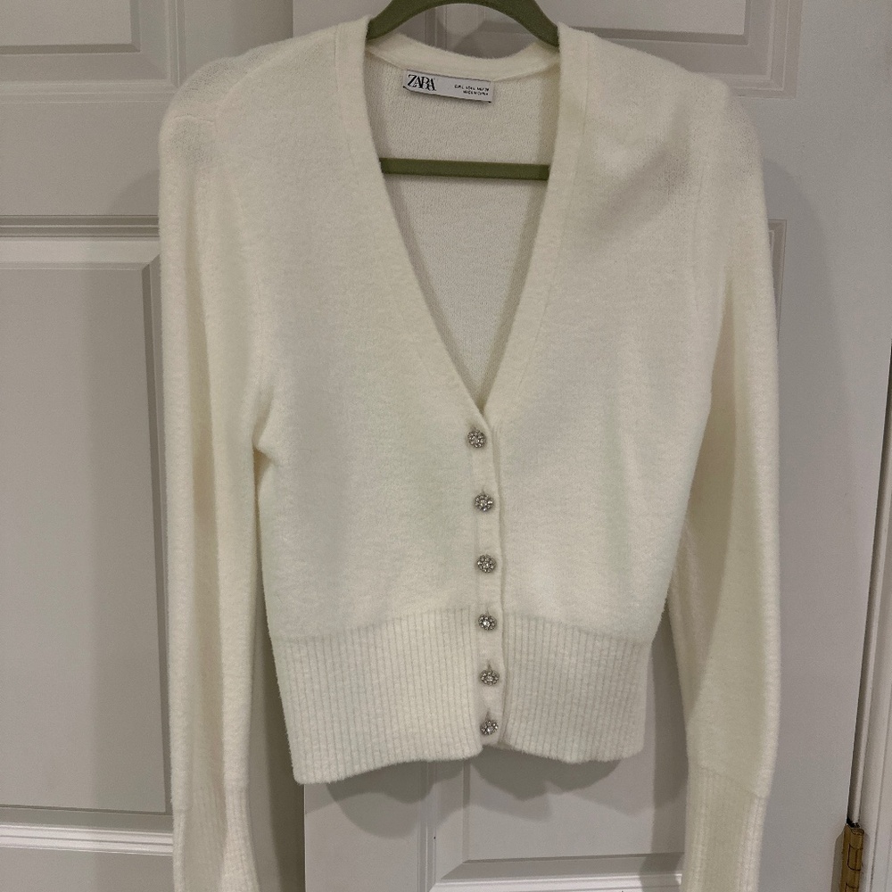 Zara White Cropped Cardigan with Rhinestone Buttons